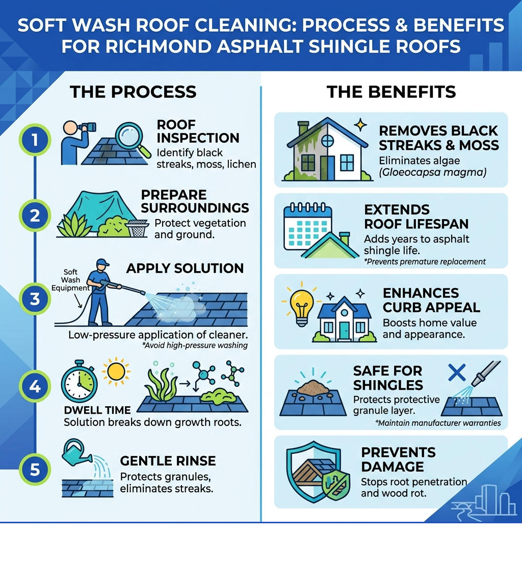 Infographic showing soft wash roof cleaning process steps and benefits for Richmond asphalt shingle roofs - asphalt shingle Infographic showing soft wash roof cleaning process steps and benefits for Richmond asphalt shingle roofs - asphalt shingle