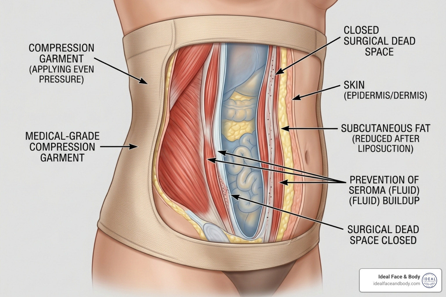 Graphic showing how compression garments provide abdominal support and close surgical dead space - compression garments Graphic showing how compression garments provide abdominal support and close surgical dead space - compression garments