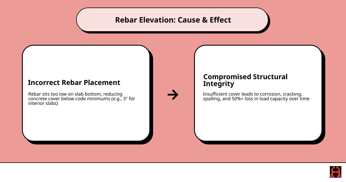 infographic showing rebar elevation importance in high-stress concrete pours with correct vs incorrect placement - extra infographic showing rebar elevation importance in high-stress concrete pours with correct vs incorrect placement - extra