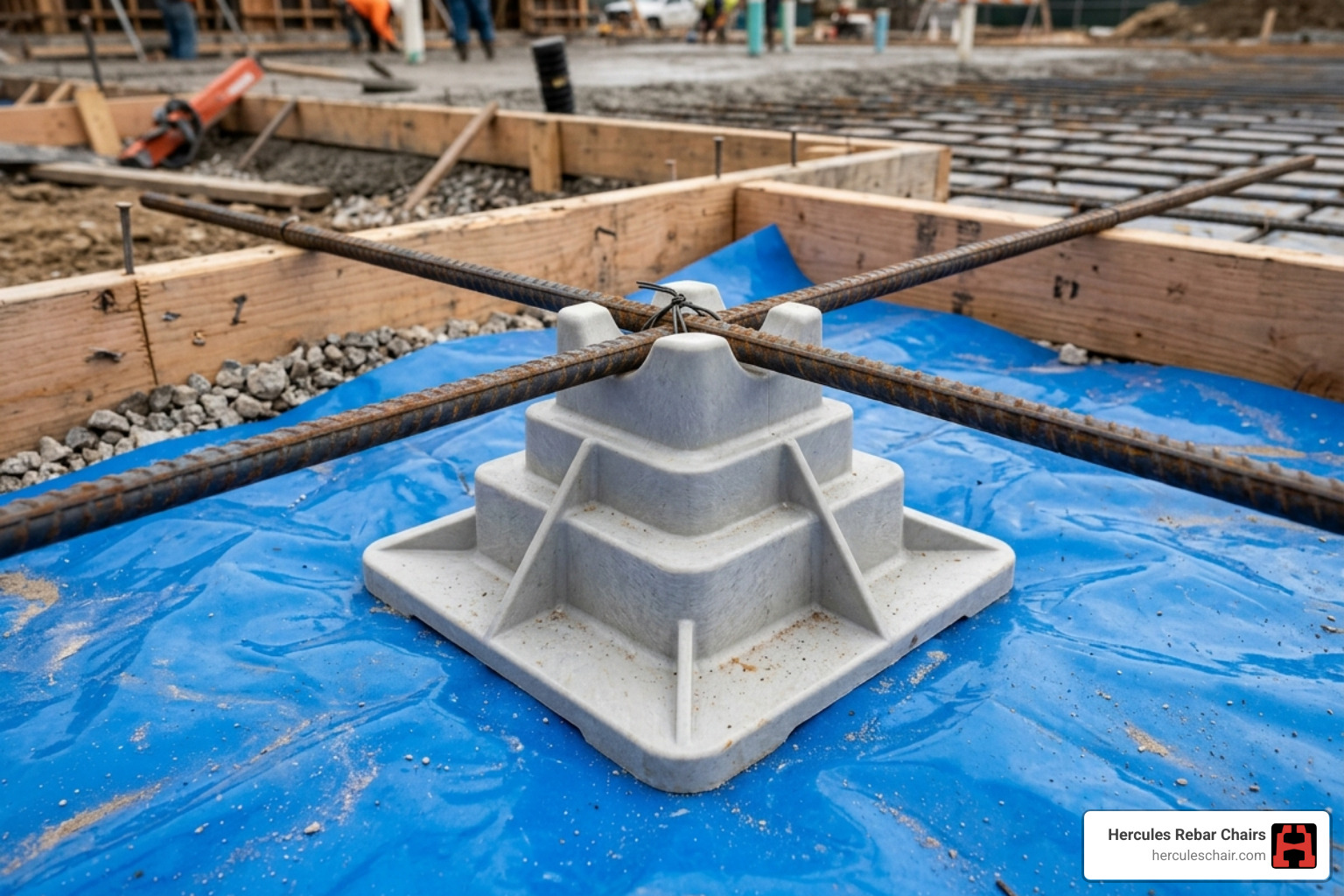 Wide-base rebar chair sitting securely on a vapor barrier - extra strong rebar supports Wide-base rebar chair sitting securely on a vapor barrier - extra strong rebar supports