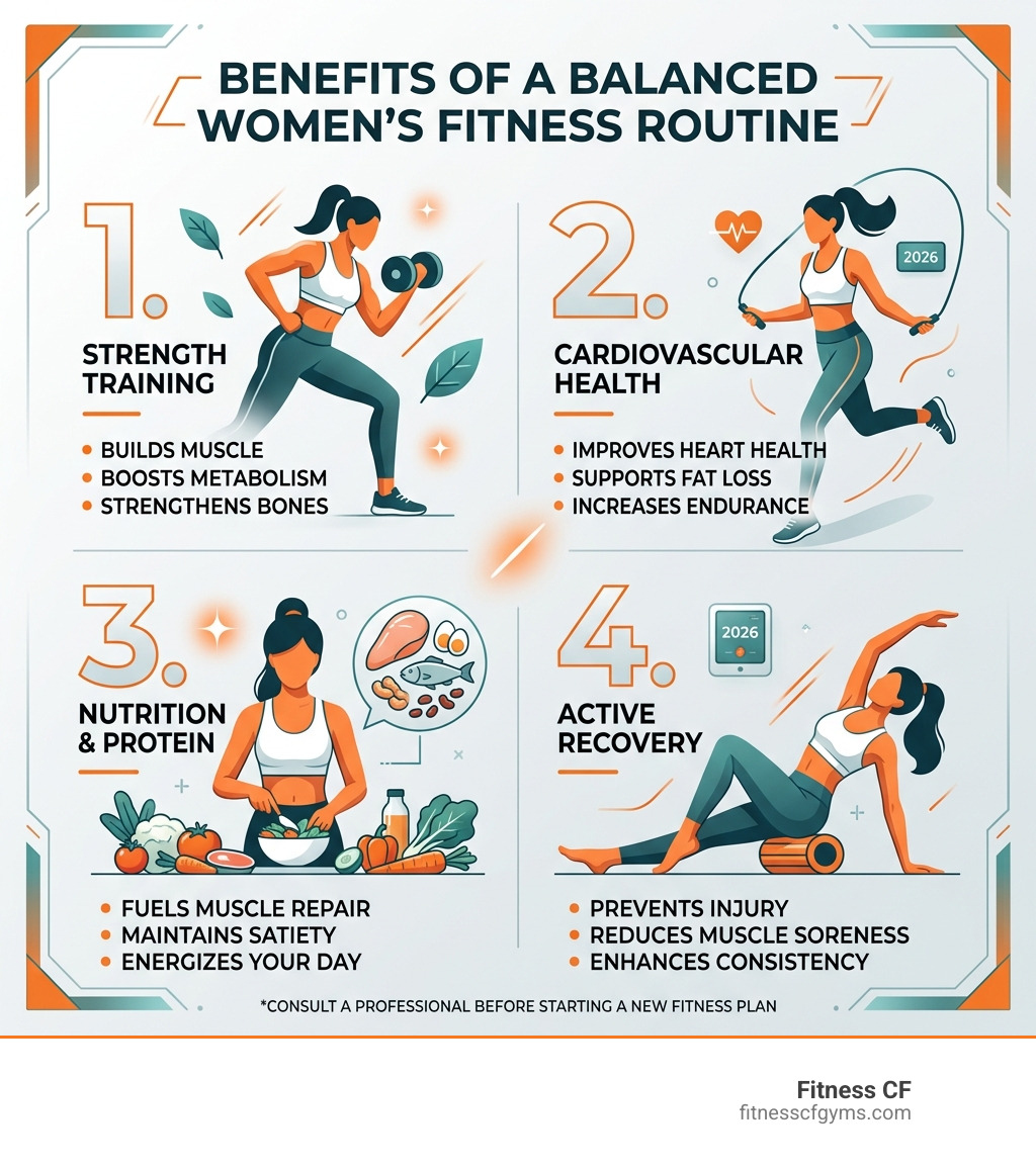 Infographic showing benefits of a balanced women's fitness routine including strength, cardio, nutrition, and recovery