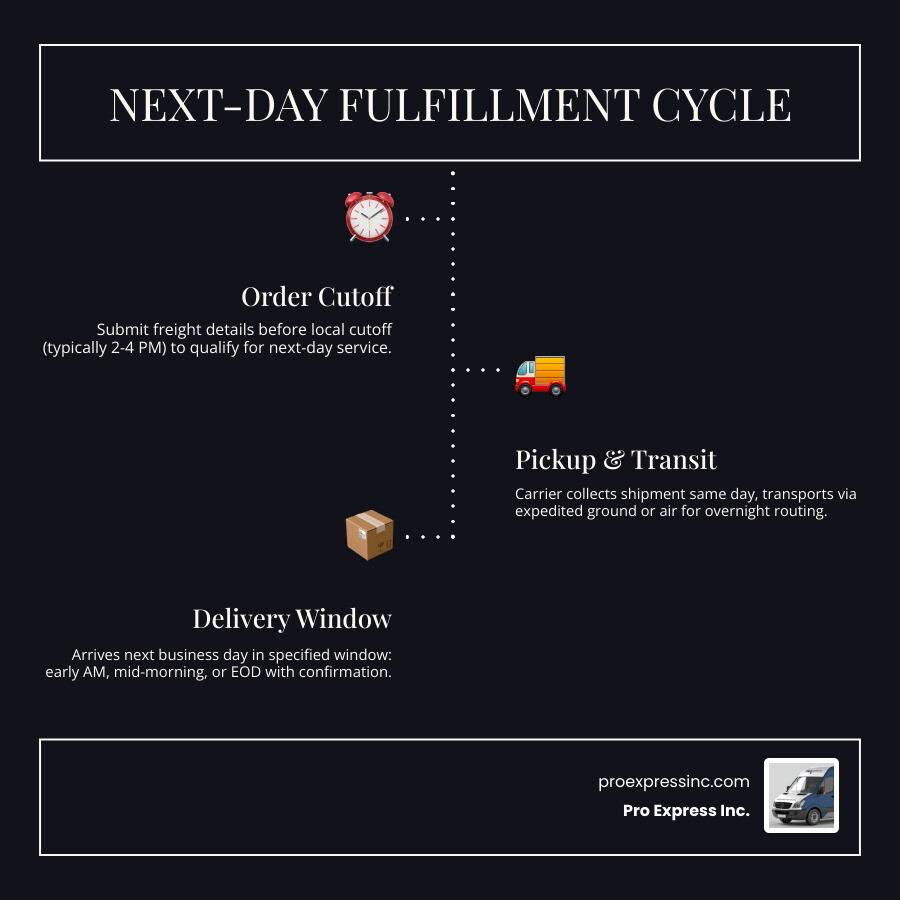 Next-day fulfillment cycle infographic: order cutoff, pickup, transit, delivery window, confirmation - next day delivery Next-day fulfillment cycle infographic: order cutoff, pickup, transit, delivery window, confirmation - next day delivery