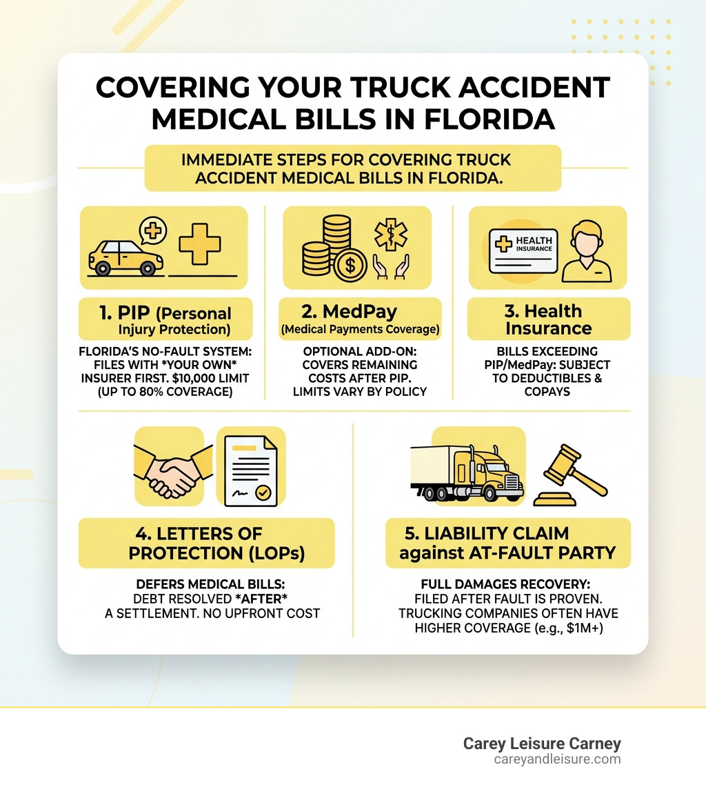 Infographic: immediate steps to cover truck accident medical bills in Florida — PIP, MedPay, health insurance, LOPs, and