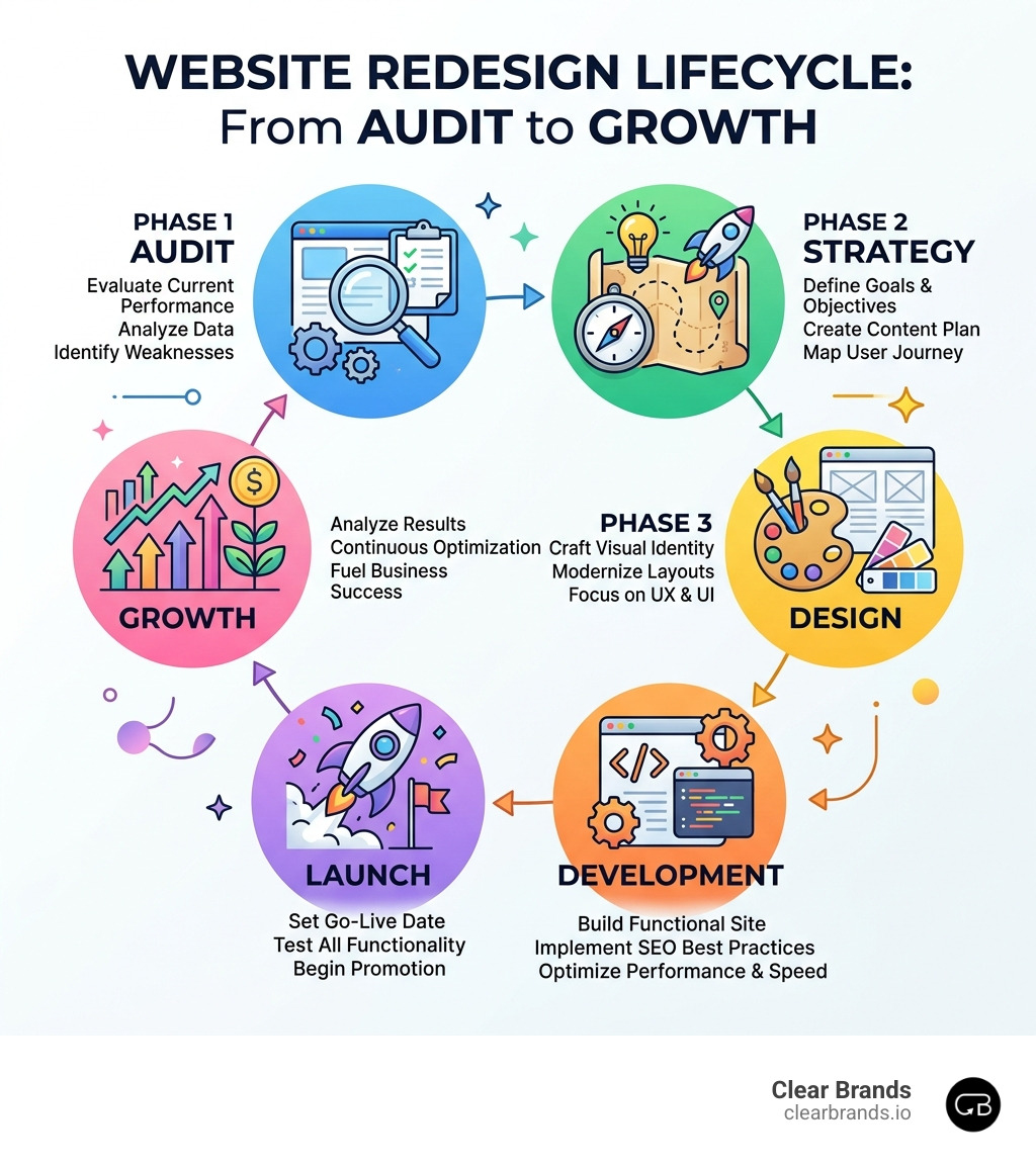 Website redesign lifecycle infographic: audit, strategy, design, development, launch, and growth - website redesign services Website redesign lifecycle infographic: audit, strategy, design, development, launch, and growth - website redesign services
