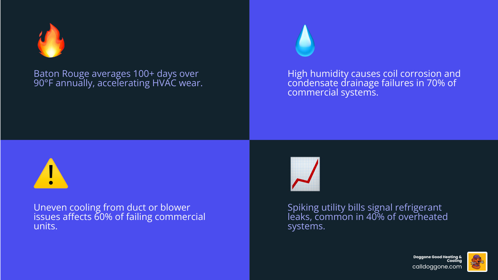 Infographic showing impact of Baton Rouge heat and humidity on commercial HVAC systems and key repair warning signs Infographic showing impact of Baton Rouge heat and humidity on commercial HVAC systems and key repair warning signs