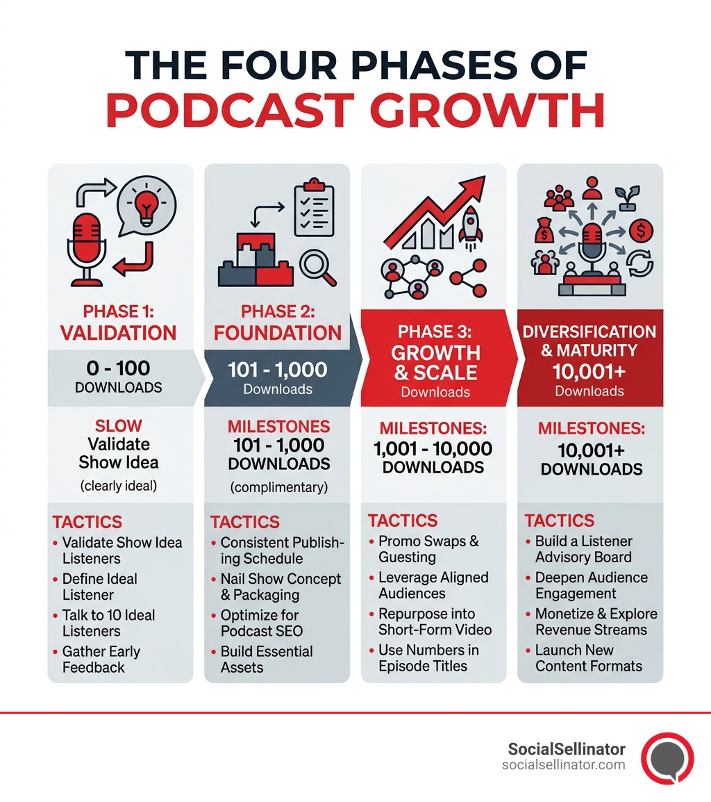 Four phases of podcast growth from validation to diversification with download milestones and key tactics - podcast audience