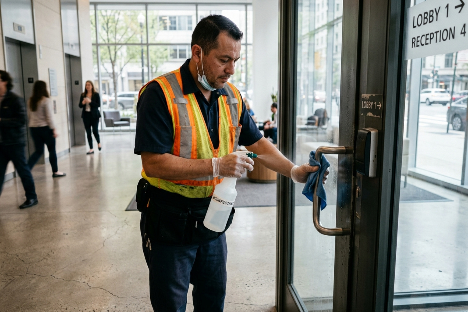 a professional porter in a safety vest disinfecting a high-touch door handle - daytime janitorial service