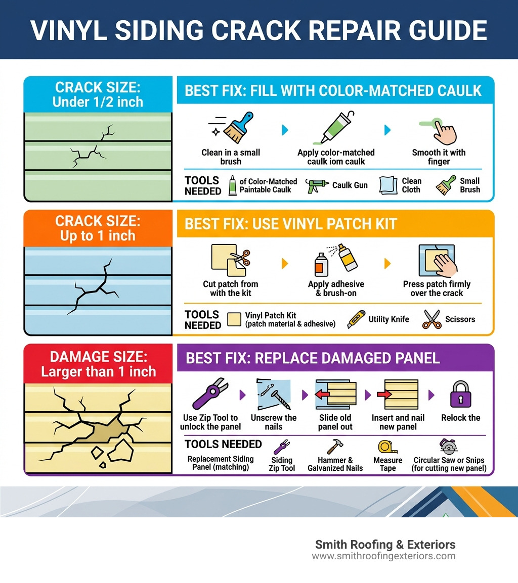Infographic showing vinyl siding crack repair methods by damage size and tools needed - fix cracked vinyl siding infographic Infographic showing vinyl siding crack repair methods by damage size and tools needed - fix cracked vinyl siding infographic
