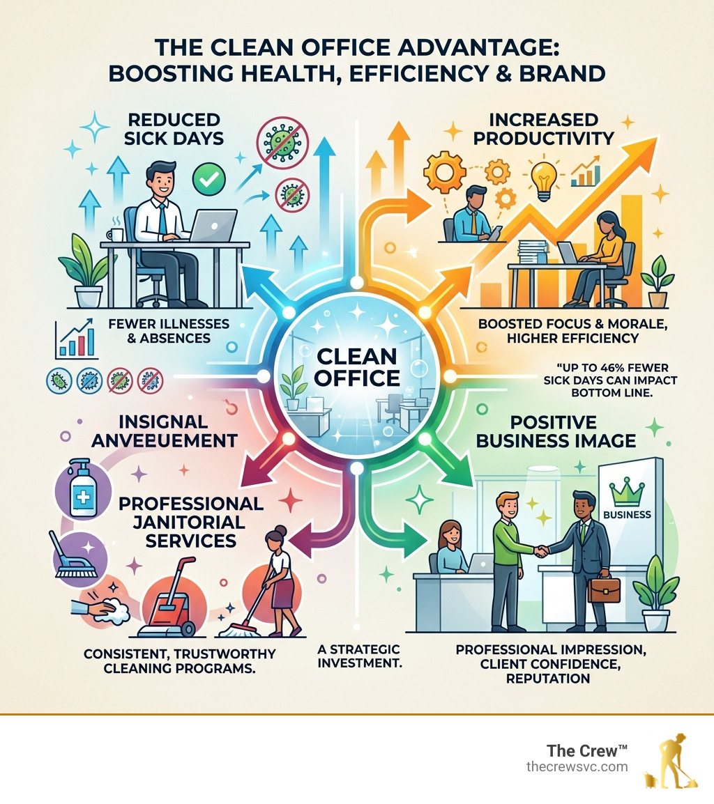Infographic showing the connection between office cleanliness, employee sick days, productivity, and business image
