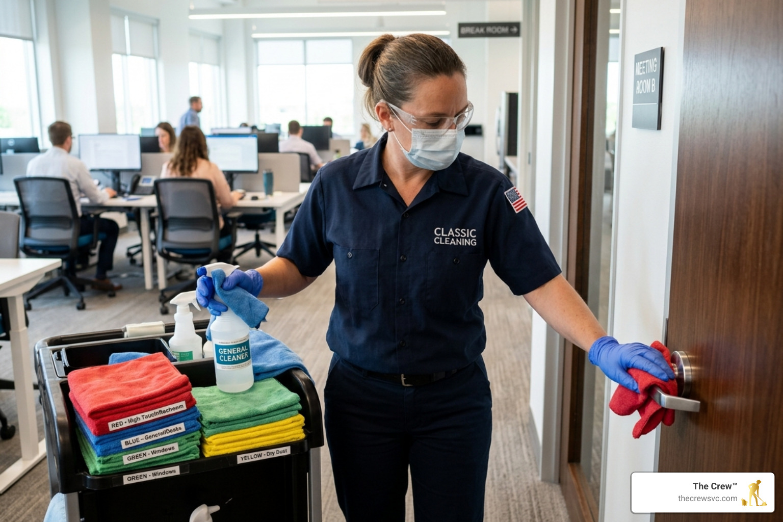 Professional cleaner using color-coded microfiber cloths to prevent cross-contamination - janitorial services for offices