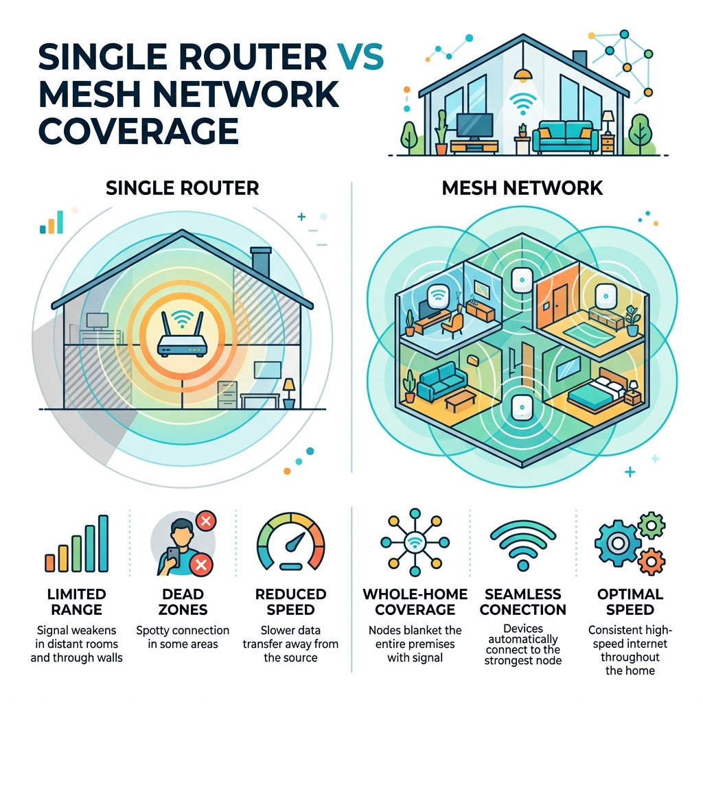 Diagram comparing single router vs mesh network coverage - mesh infographic 