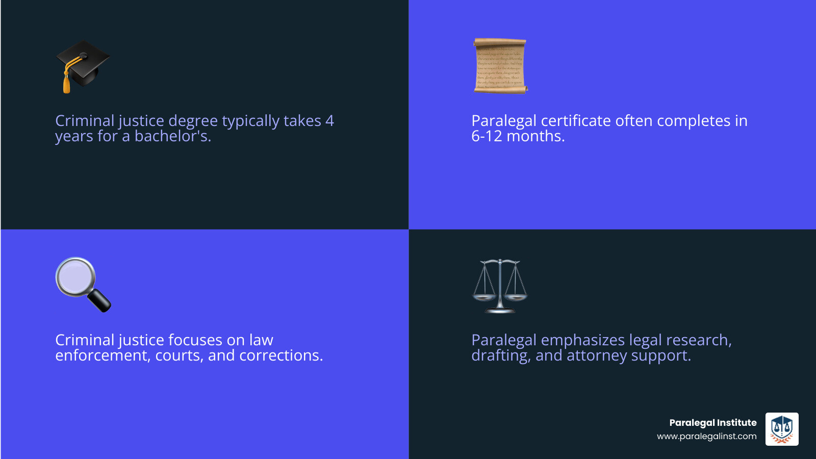 Infographic comparing criminal justice degree vs paralegal certificate: duration, focus, careers, and work environment