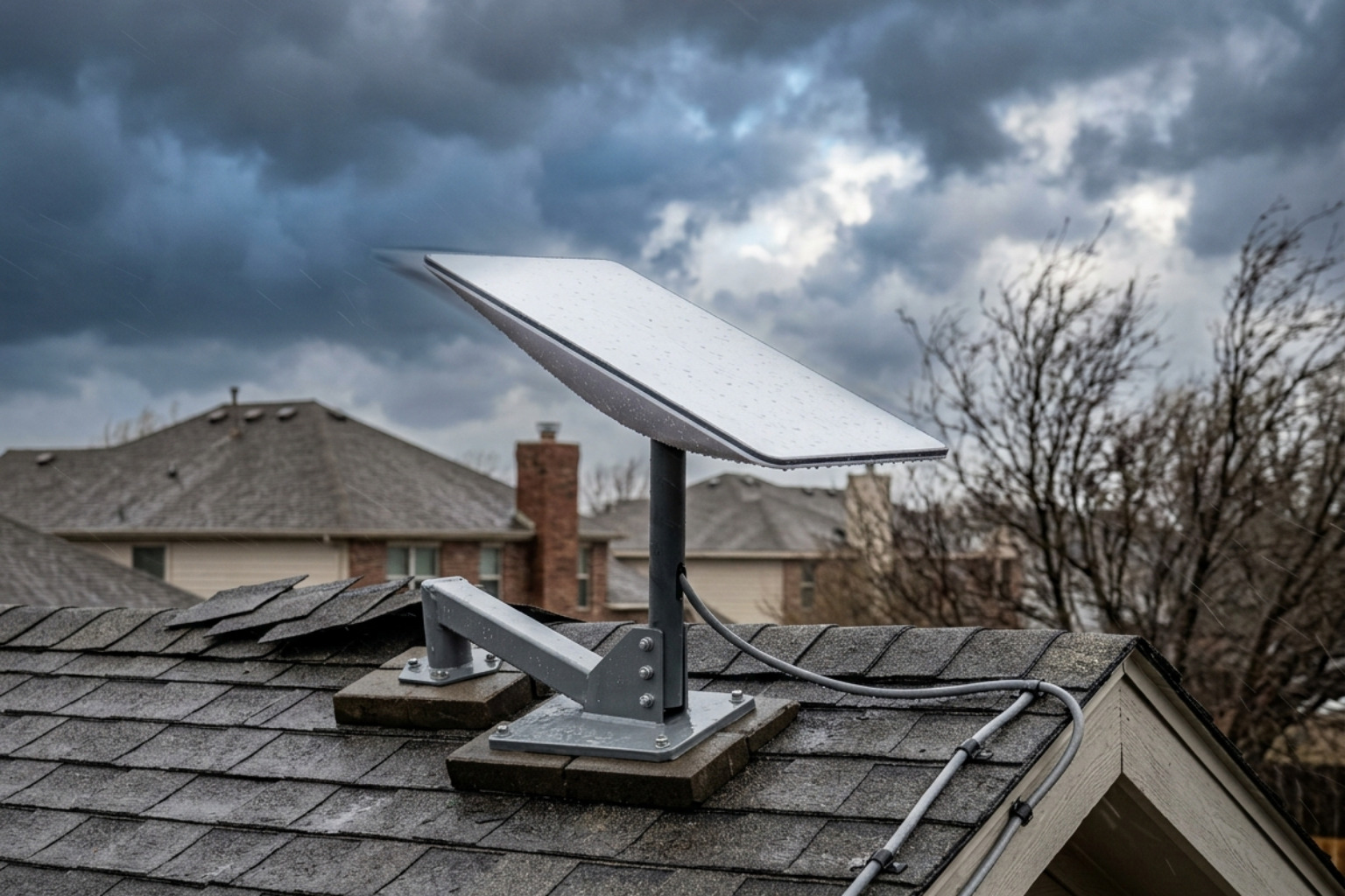 Starlink Gen 3 dish facing high winds on an Australian rooftop - best starlink accessories