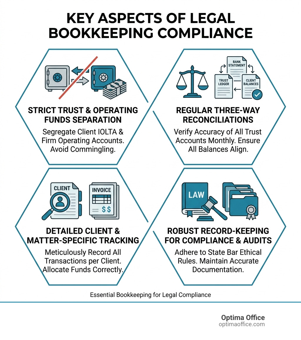 Key aspects of legal bookkeeping compliance - Bookkeeping for lawyers infographic Key aspects of legal bookkeeping compliance - Bookkeeping for lawyers infographic