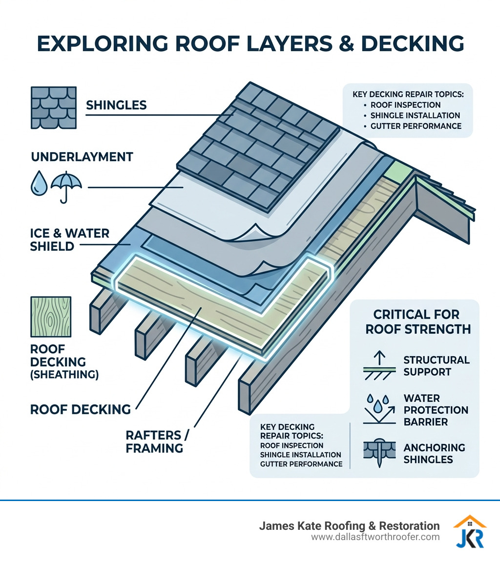 infographic showing layers of a roofing system from rafters to shingles with decking highlighted - Roof decking repair infographic showing layers of a roofing system from rafters to shingles with decking highlighted - Roof decking repair