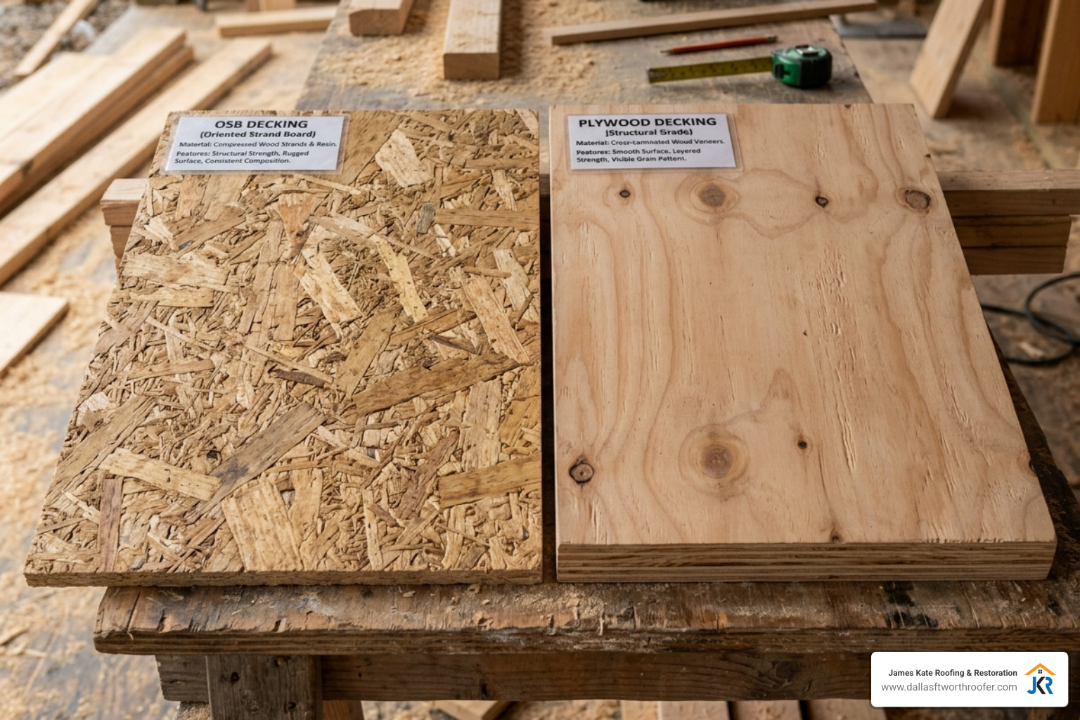 comparison of OSB and plywood decking panels side by side - Roof decking repair comparison of OSB and plywood decking panels side by side - Roof decking repair