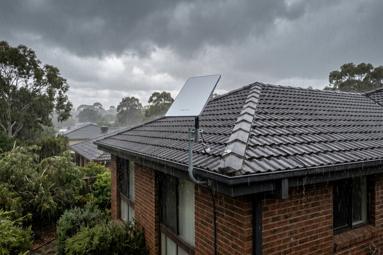 Starlink dish mounted on Australian home roof during heavy rain - satellite broadband australia rain
