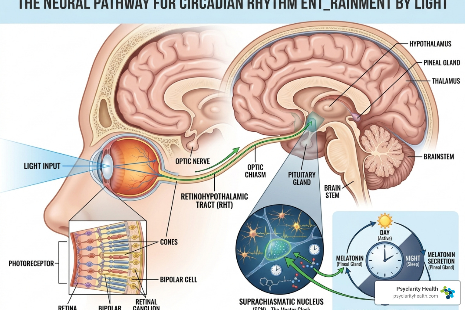The brain's suprachiasmatic nucleus reacting to light signals from the eyes - light therapy and insomnia