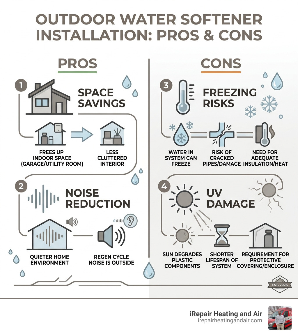 Infographic explaining the pros and cons of outdoor placement: Space savings and noise reduction vs. freezing risks and UV