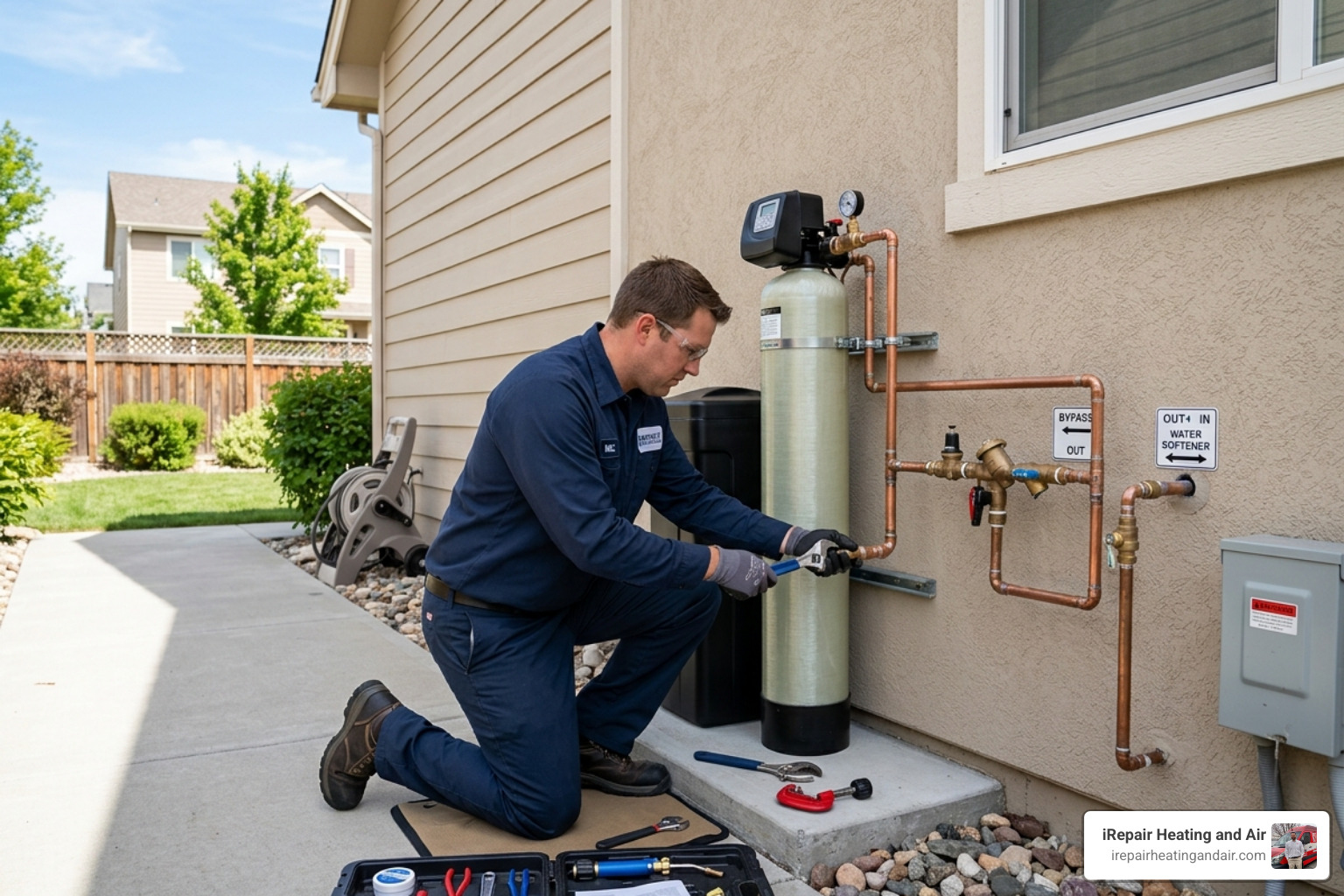 Technician performing a water softener installation outside near the main water line entry point - water softener