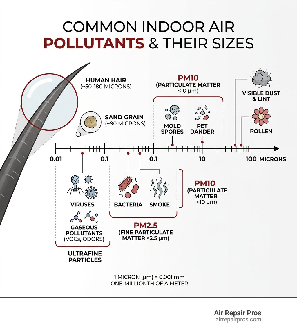 Common indoor air pollutants and their sizes - air filtration infographic 