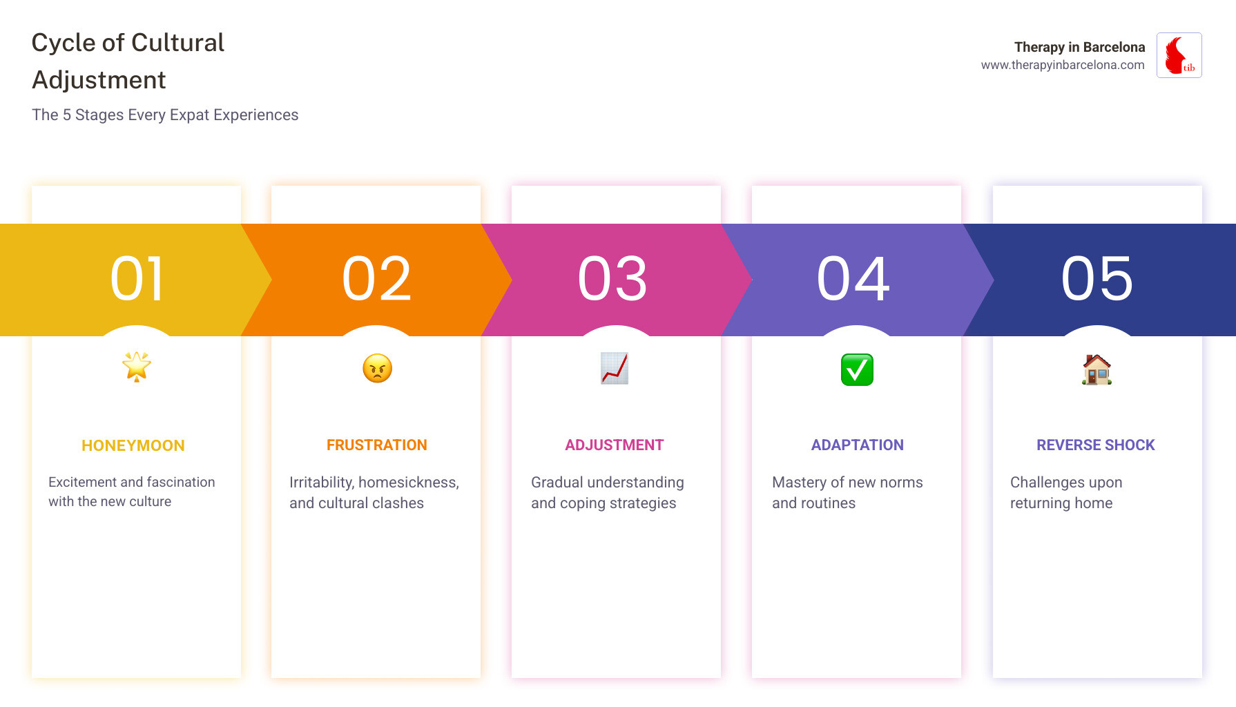 infographic explaining the cycle of cultural adjustment - Coping with culture shock infographic pillar-5-steps