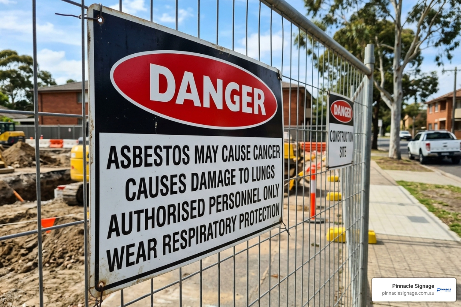 A prominent hazard warning sign on a construction fence stating that "Asbestos may cause cancer," serving as essential asbestos danger signs for public safety.