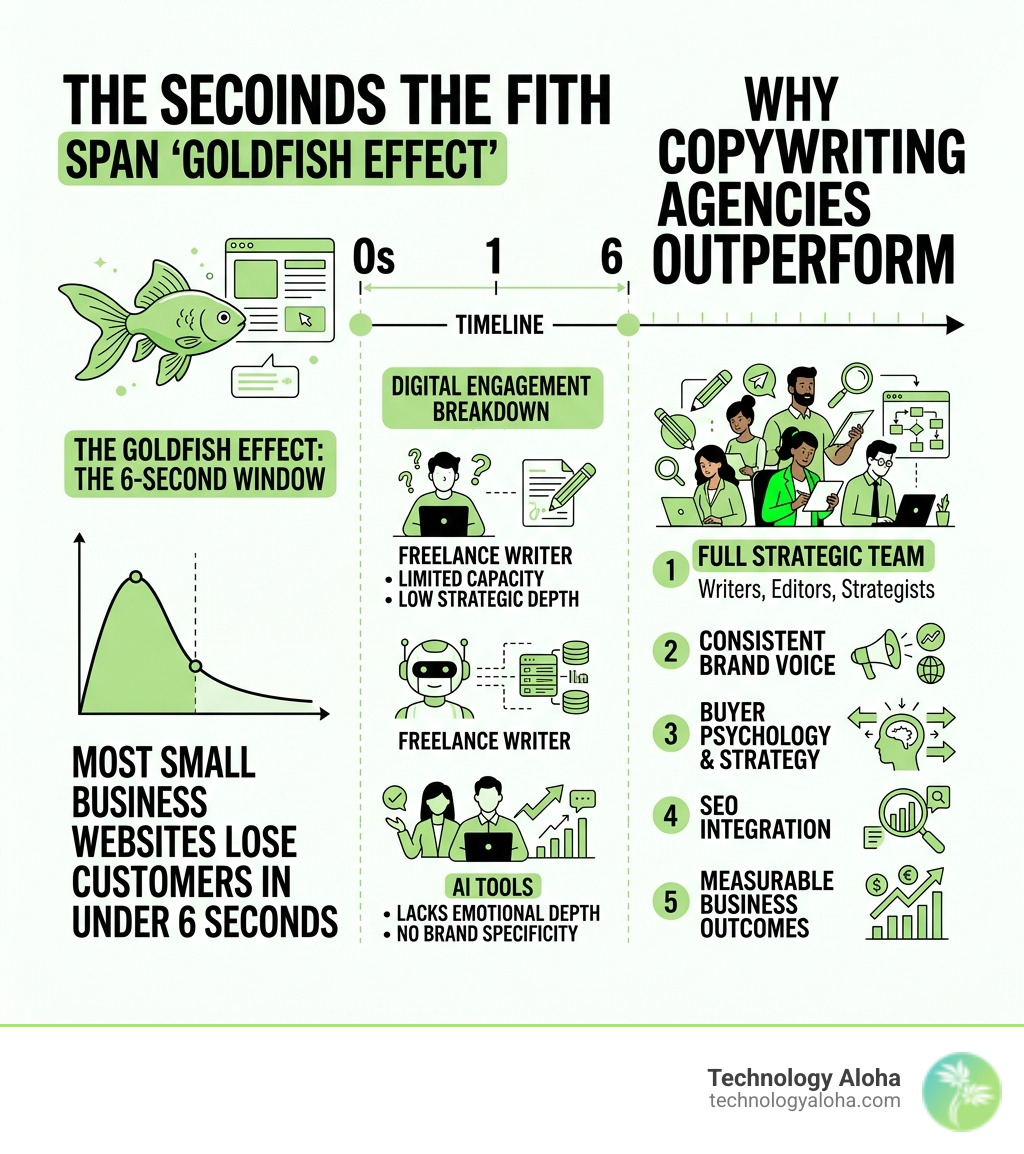 Infographic showing the 6-second attention span goldfish effect on digital engagement and why copywriting agencies Infographic showing the 6-second attention span goldfish effect on digital engagement and why copywriting agencies