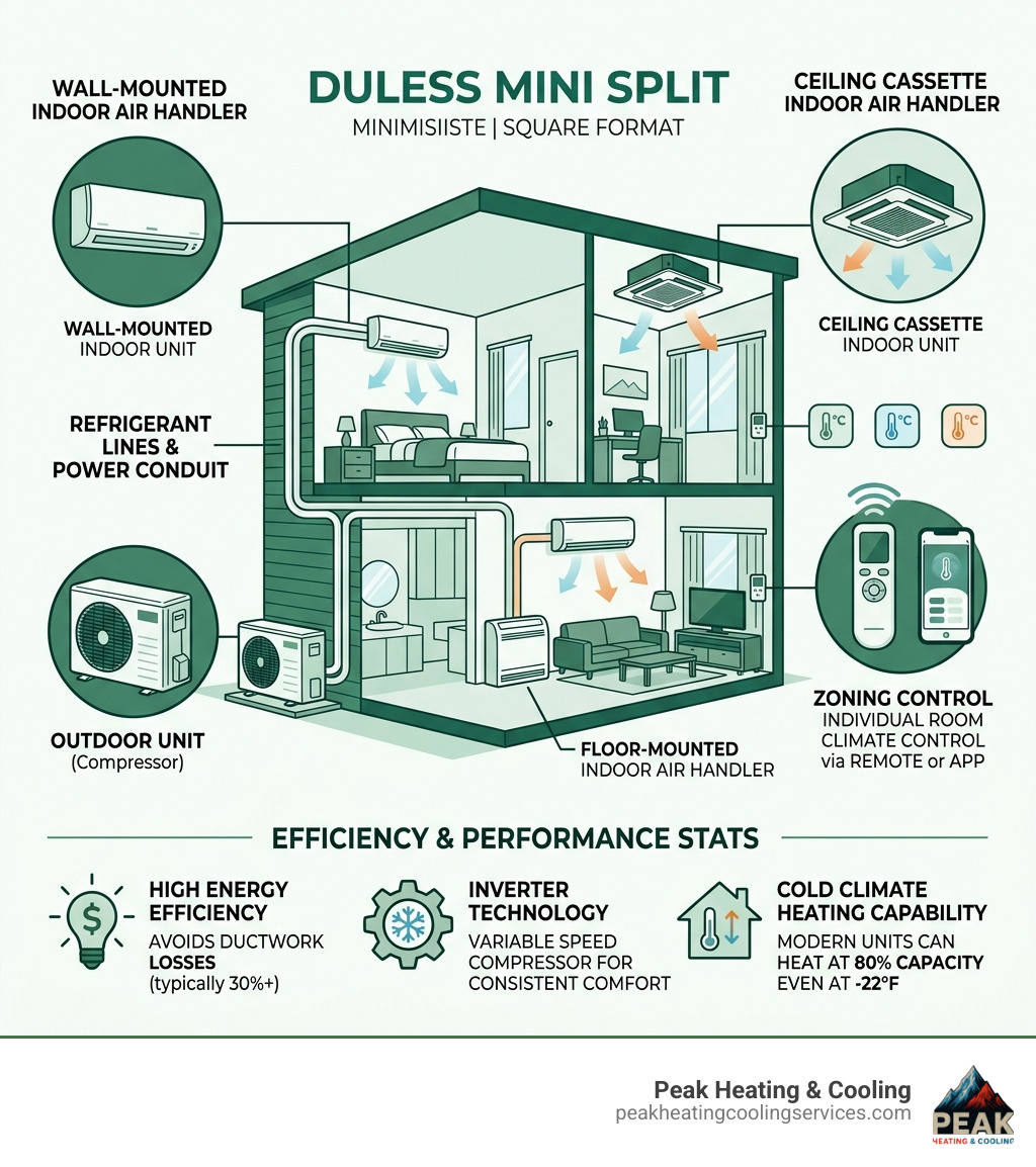 Infographic showing ductless mini split system components: outdoor compressor connected to indoor air handlers via