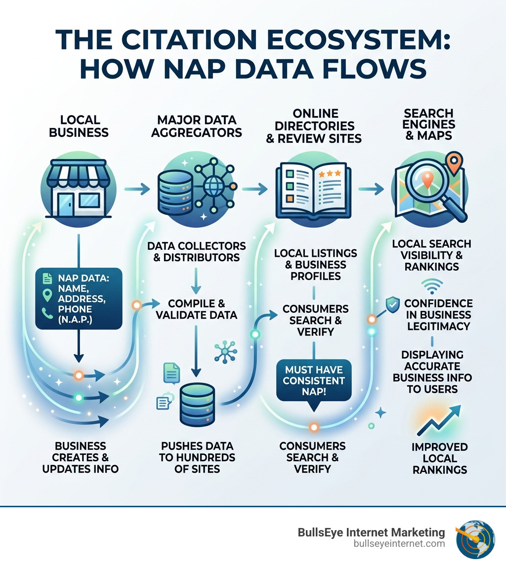 Infographic illustrating the citation ecosystem, depicting the flow of NAP data from local businesses to search engines, emphasizing the importance of consistent business information for local SEO and visibility.