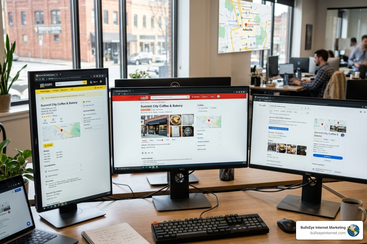 Three computer monitors displaying online business listings for "Summit City Coffee & Bakery" on Yelp, TripAdvisor, and Google, showcasing local citation management for SEO optimization in a modern office setting.
