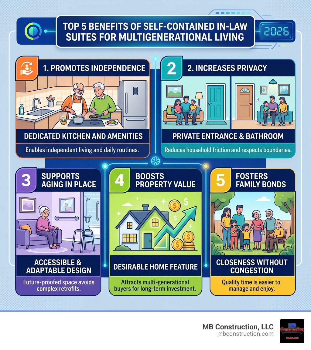 Top 5 benefits of self-contained in-law suites for multigenerational living - in-law suite with kitchen infographic Top 5 benefits of self-contained in-law suites for multigenerational living - in-law suite with kitchen infographic