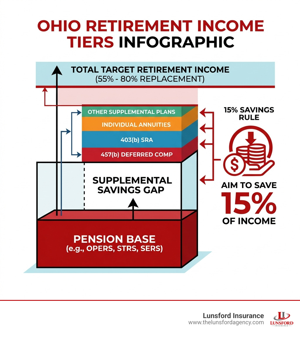 Ohio retirement income tiers infographic showing pension base, supplemental savings gap, and 15% savings rule - supplemental