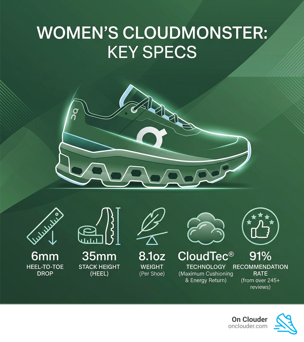 Infographic showing Women's Cloudmonster key specs: 6mm drop, 35mm stack, 8.1oz weight, CloudTec technology, and 91% Infographic showing Women's Cloudmonster key specs: 6mm drop, 35mm stack, 8.1oz weight, CloudTec technology, and 91%