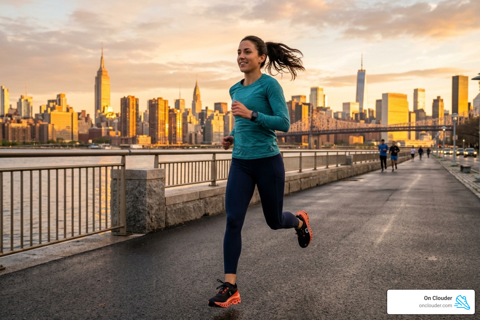 Runner wearing Women's Cloudmonster on a paved city path during a sunrise run - Women's Cloudmonster Runner wearing Women's Cloudmonster on a paved city path during a sunrise run - Women's Cloudmonster