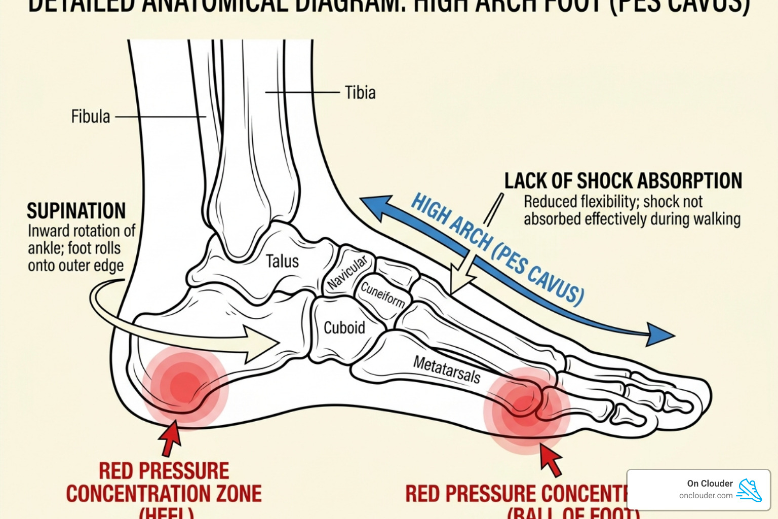 Diagram showing pressure points on a high arch foot concentrated on the heel and ball - best inserts for high arches