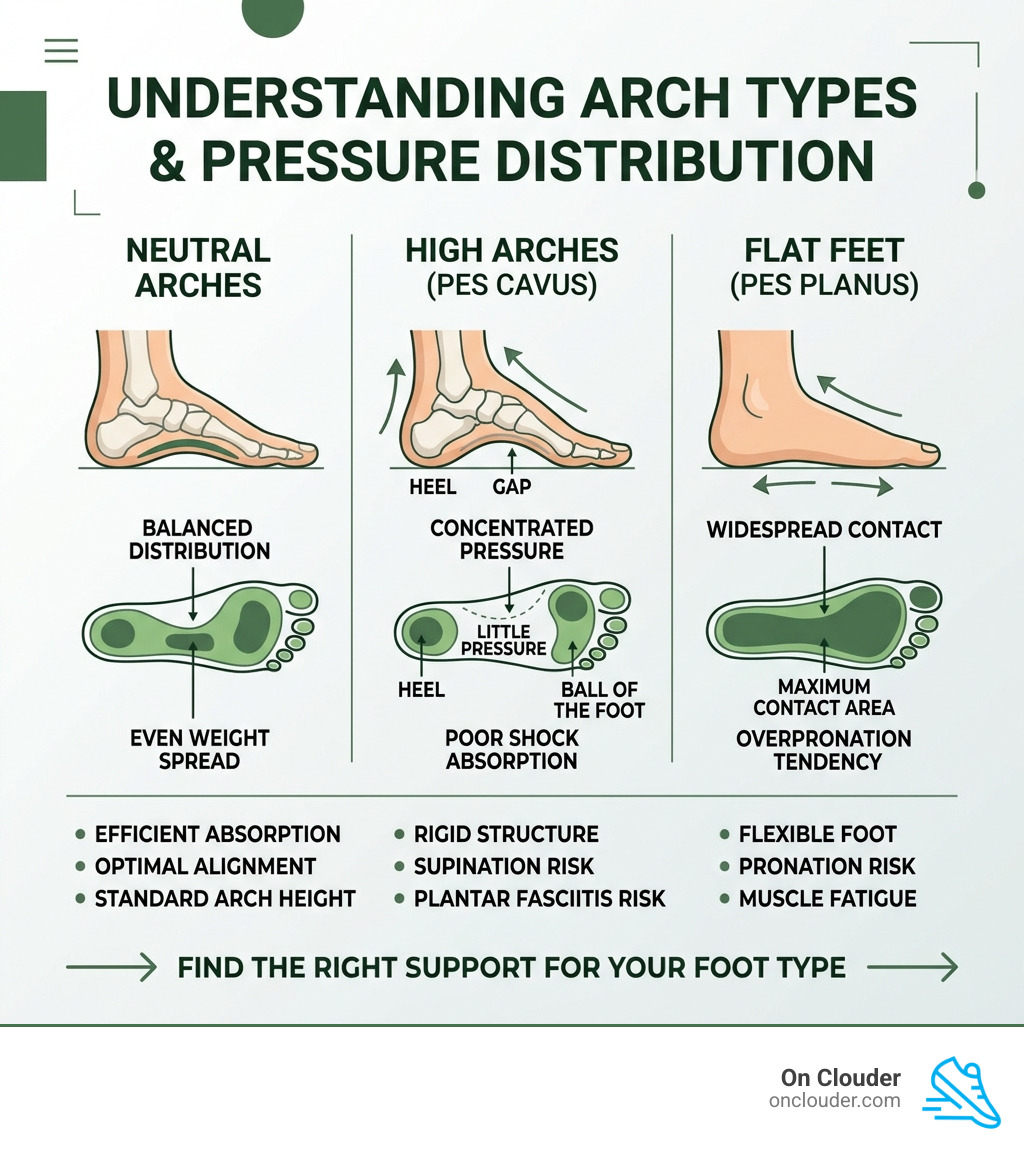 Infographic comparing high arches vs flat feet vs neutral arches with pressure distribution diagrams - best inserts for high
