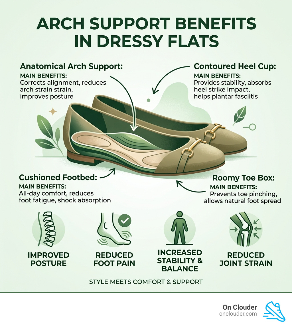 infographic showing arch support benefits in women's dressy flats with key features labeled - women's dressy flats with arch