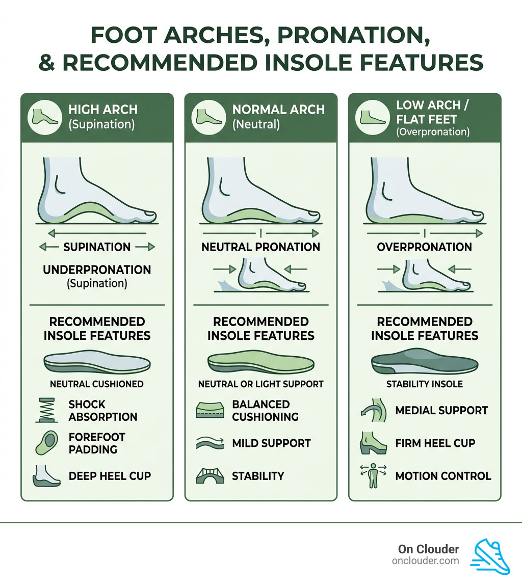 Infographic showing three arch types, pronation patterns, and recommended insole features for each - running shoe arch