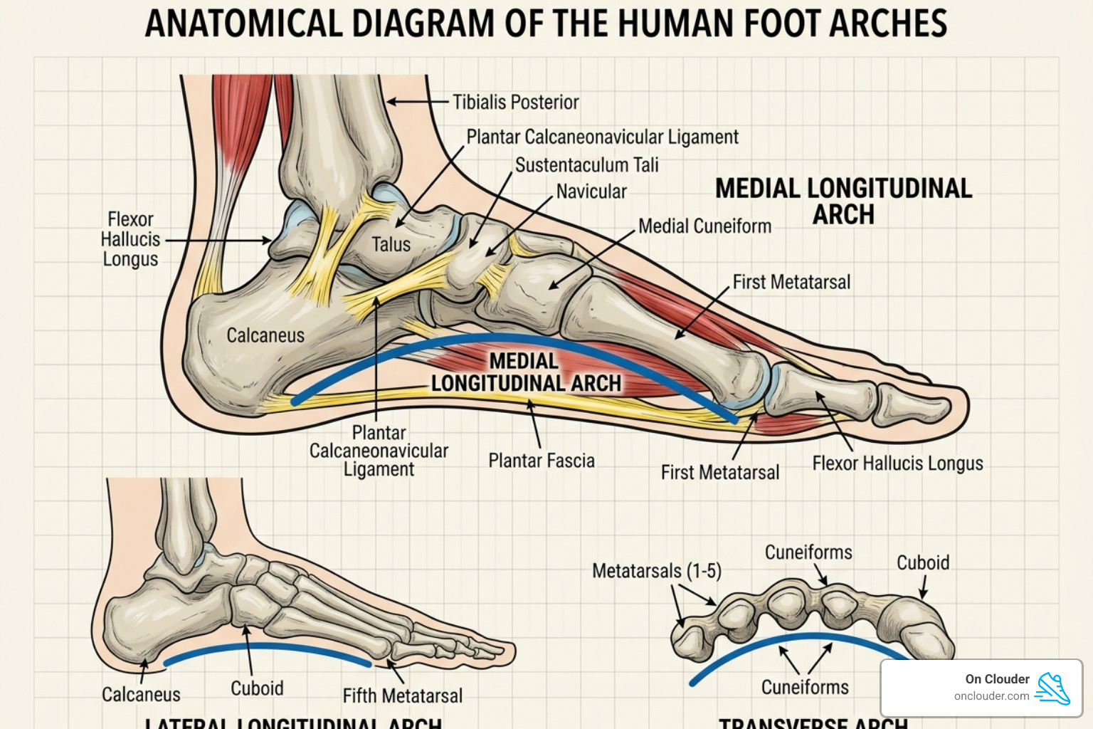 diagram of foot arches showing medial, lateral, and transverse structures - running shoe arch support