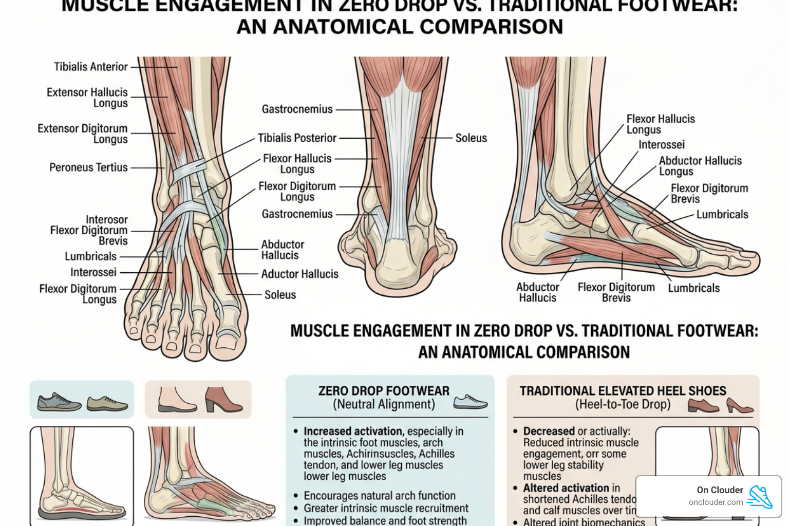 diagram showing foot muscle engagement in zero drop footwear - best zero drop shoes