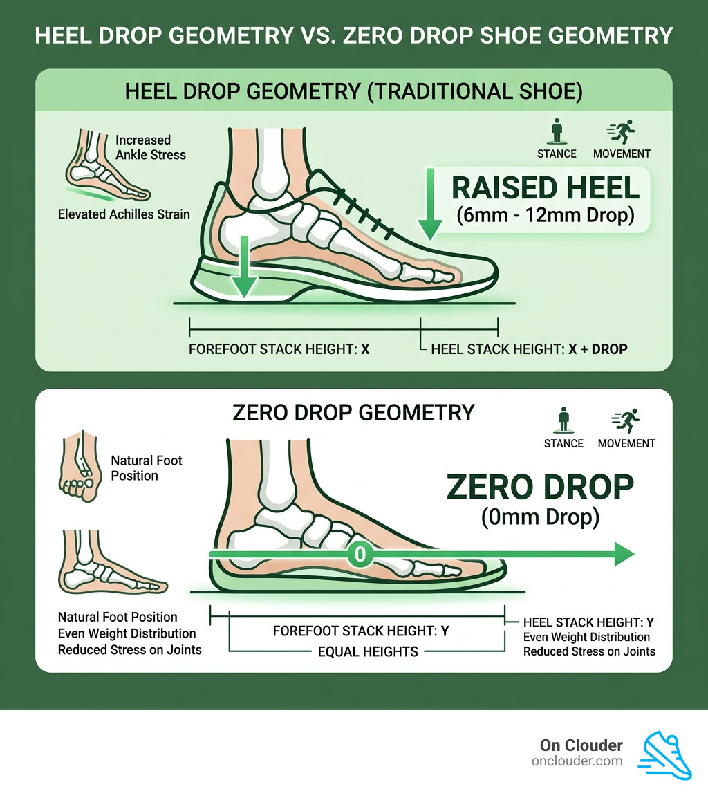 infographic comparing heel drop geometry vs zero drop shoe geometry with stack height labels - best zero drop shoes