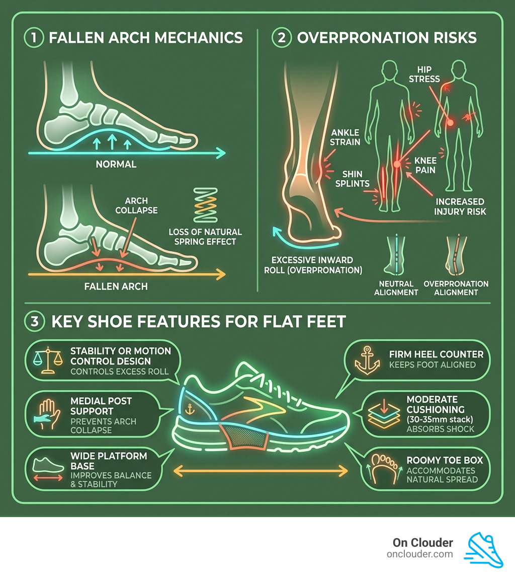 Infographic showing fallen arch mechanics, overpronation risks, and key shoe features for flat feet - flat feet running shoe