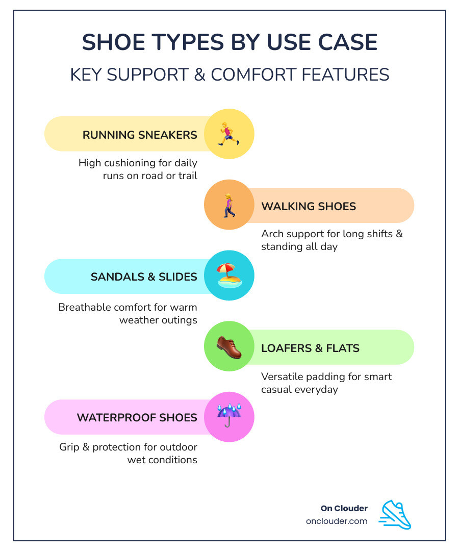 infographic showing shoe types by use case, support level, and key comfort features - shoes infographic infographic showing shoe types by use case, support level, and key comfort features - shoes infographic