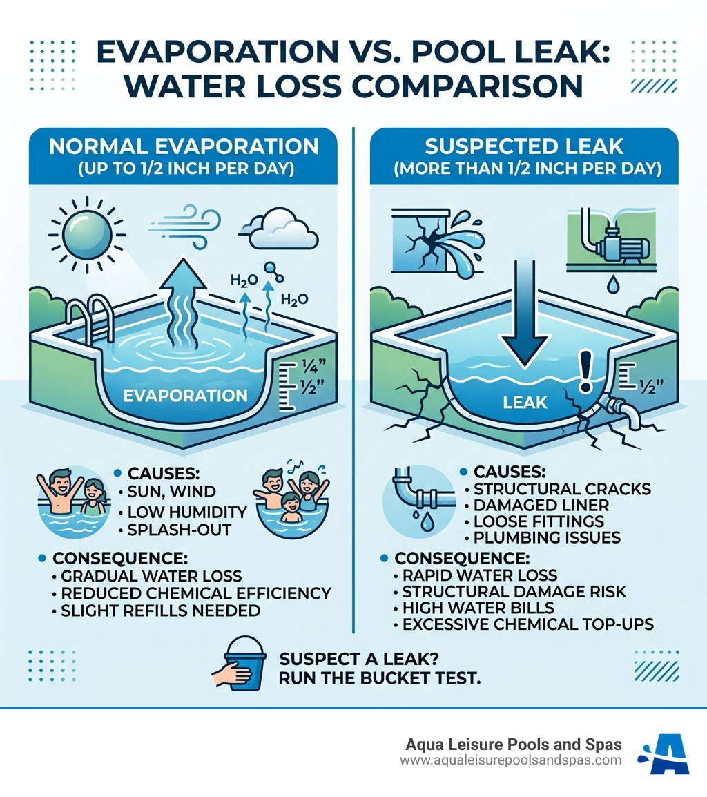 Evaporation vs pool leak water loss comparison infographic - detect pool leaks infographic 