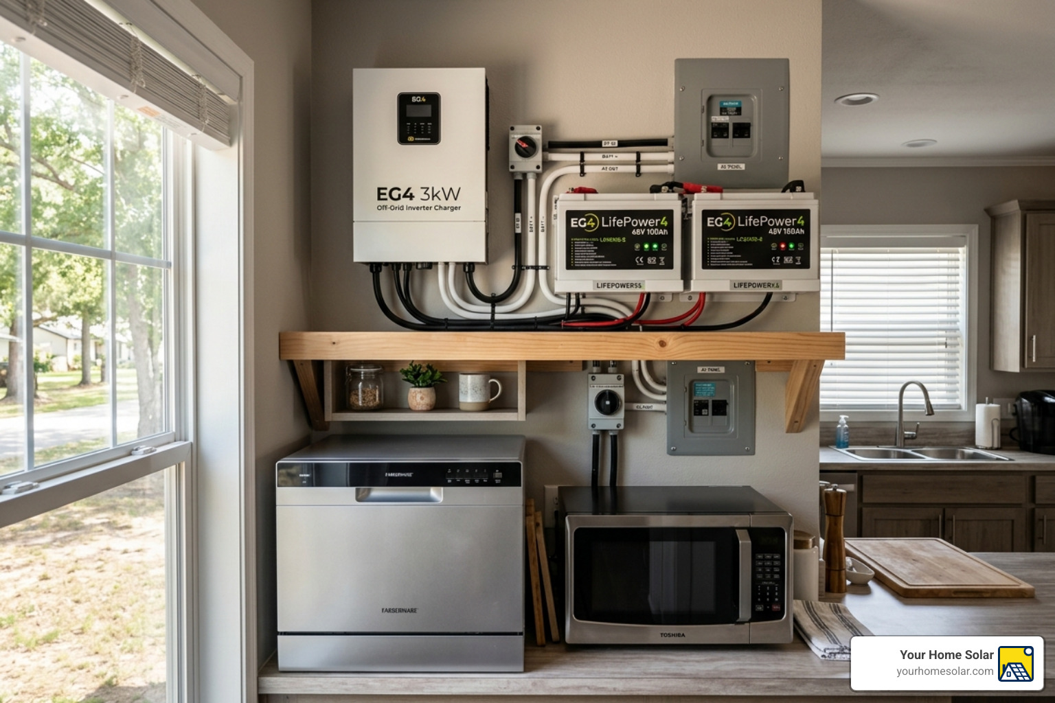 Compact solar inverter and battery setup inside a mobile home - mobile home solar panel kits Compact solar inverter and battery setup inside a mobile home - mobile home solar panel kits