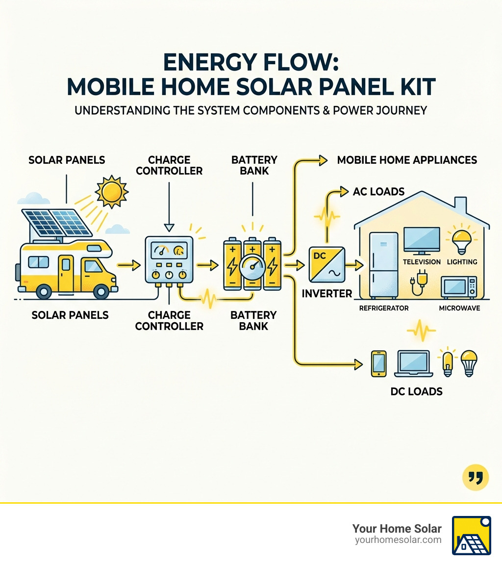 Diagram showing energy flow from solar panels through charge controller and battery to mobile home appliances - mobile home Diagram showing energy flow from solar panels through charge controller and battery to mobile home appliances - mobile home