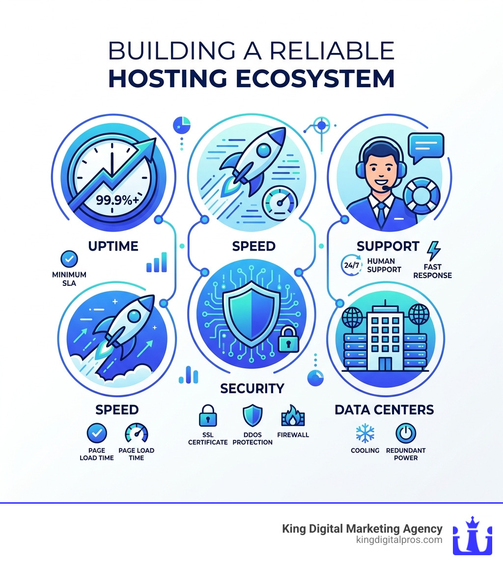 Infographic Showing Components Of A Reliable Hosting Ecosystem Including Uptime, Speed, Security, Support, And Data Centers