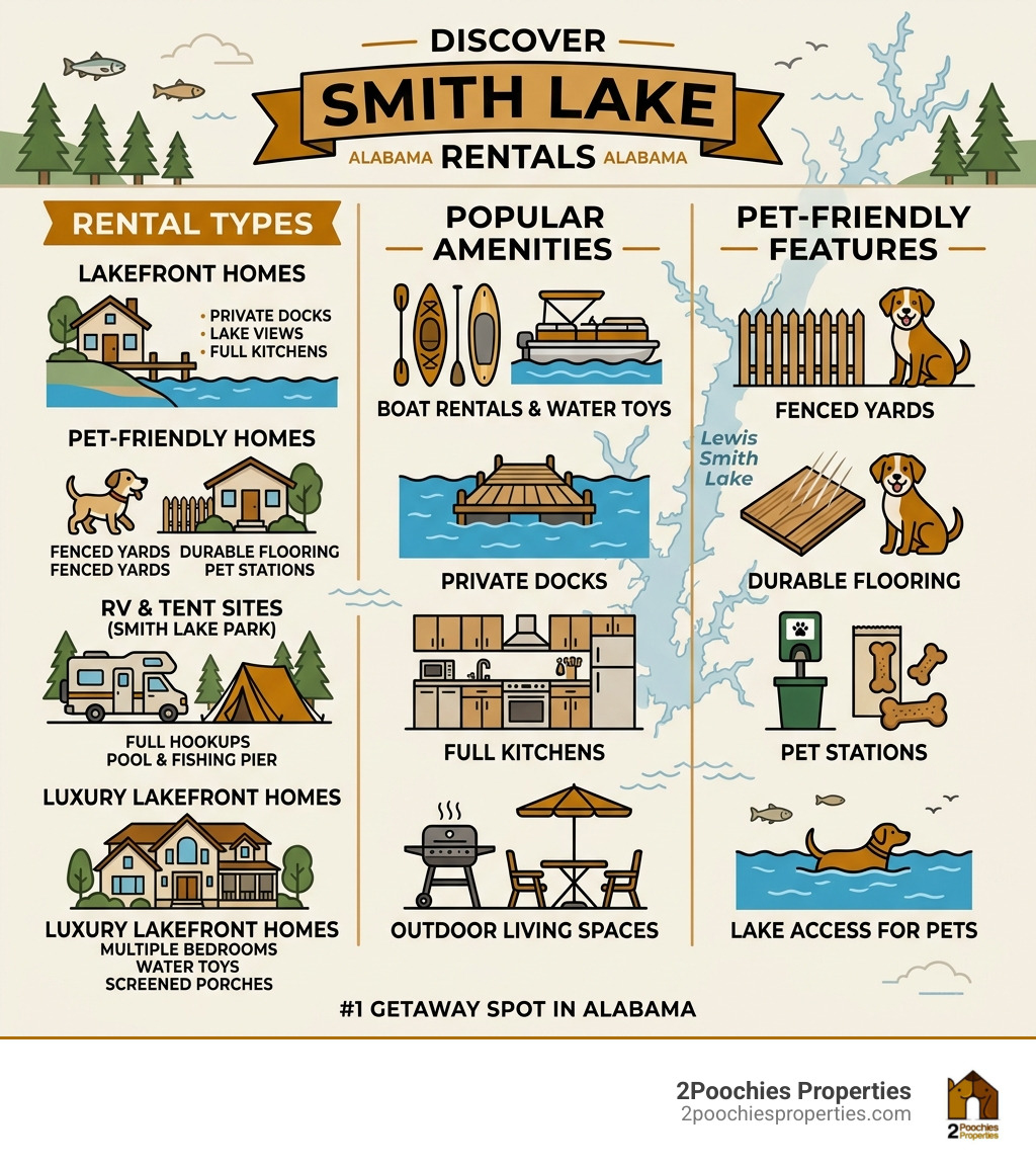 Overview infographic of Smith Lake Alabama rental types, amenities, and pet-friendly features - rentals at smith lake