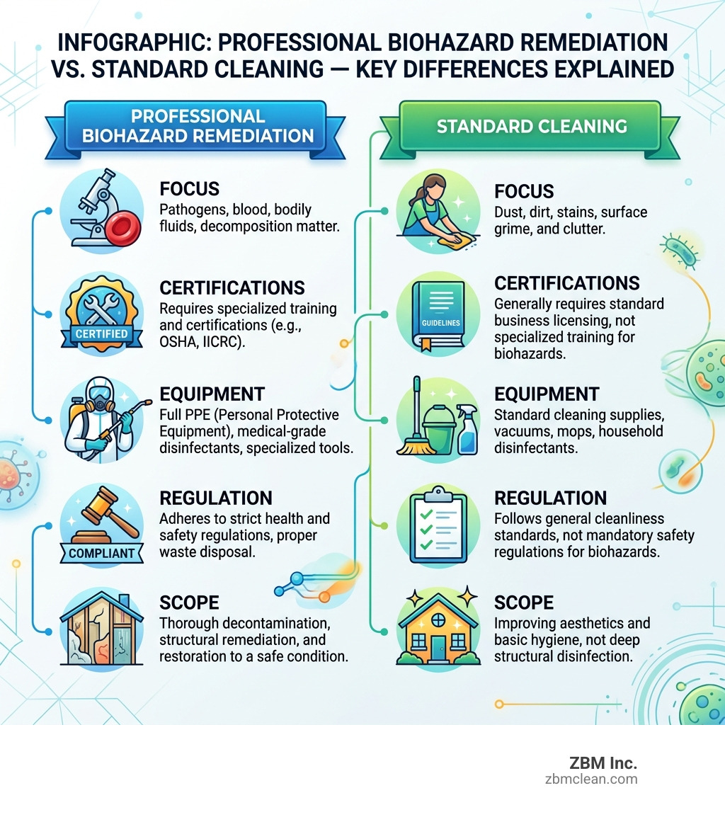 Infographic: Professional biohazard remediation vs. standard cleaning — key differences explained - professional trauma